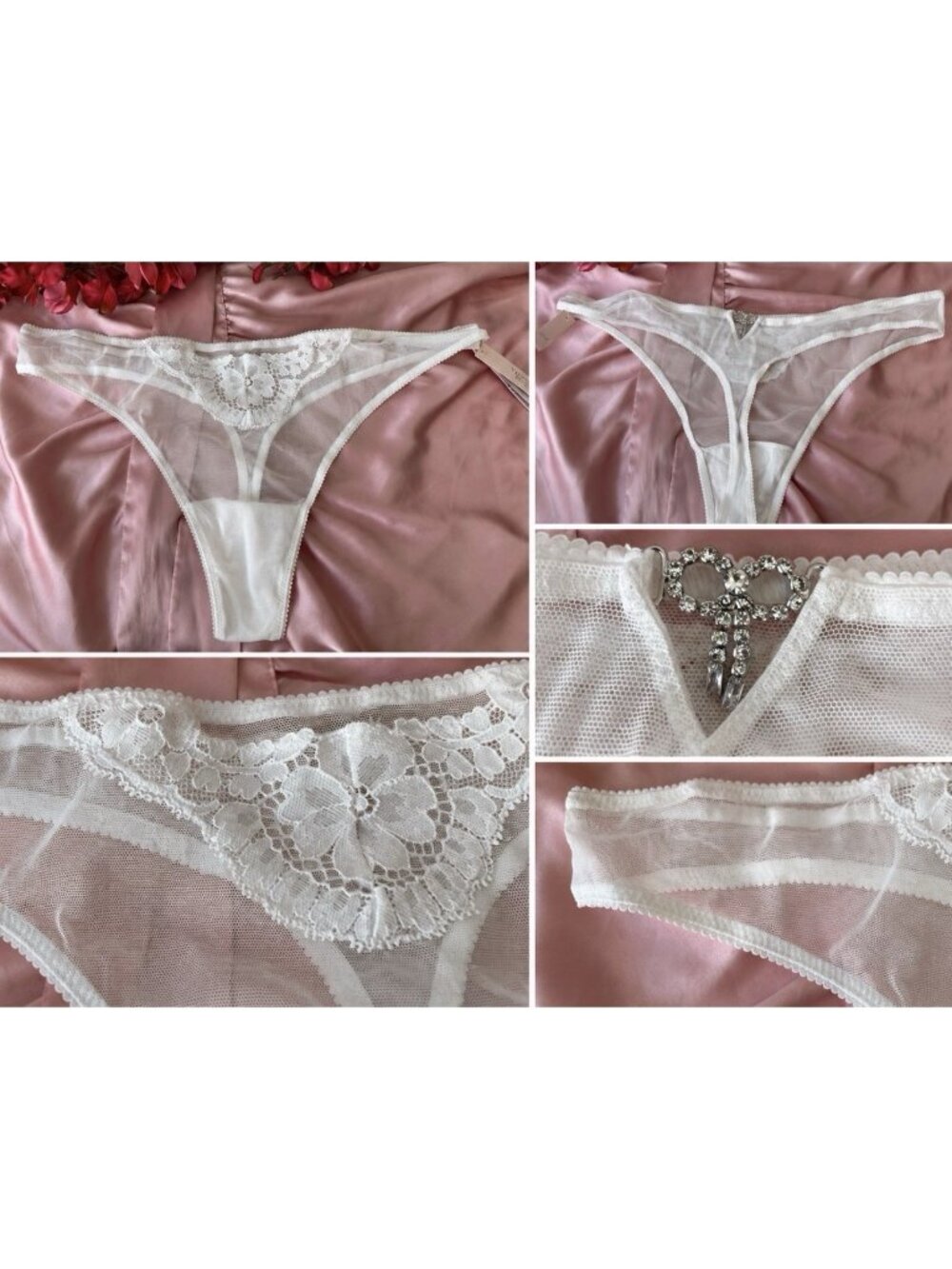 VICTORIA'S SECRET XL WHITE RHINESTONE BACK LACE DREAM ANGELS THONG PANTIES NWT